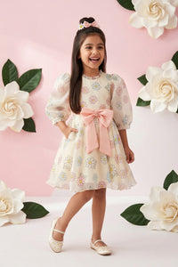 Girls Floral Organza Dress with Peach Bow F675