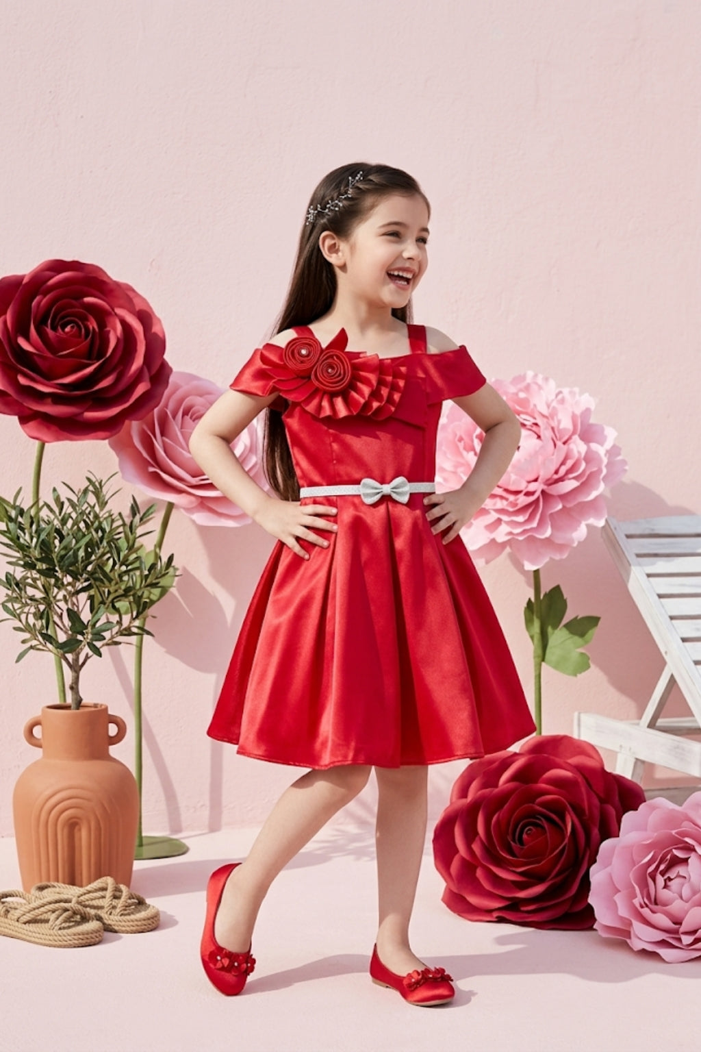 Girls Red Off-Shoulder Party Dress with Bow Belt F690