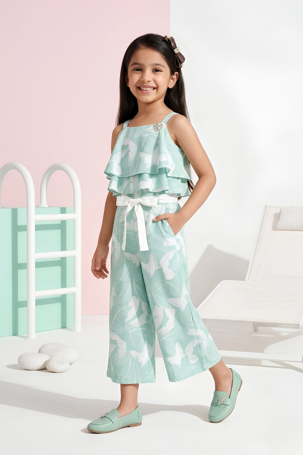 Sea Green Sleeveless Leaf Print Ruffle Top Co-Ord Set JP317
