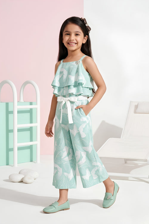 Sea Green Sleeveless Leaf Print Ruffle Top Co-Ord Set JP317