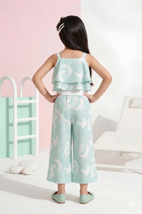 Sea Green Sleeveless Leaf Print Ruffle Top Co-Ord Set JP317