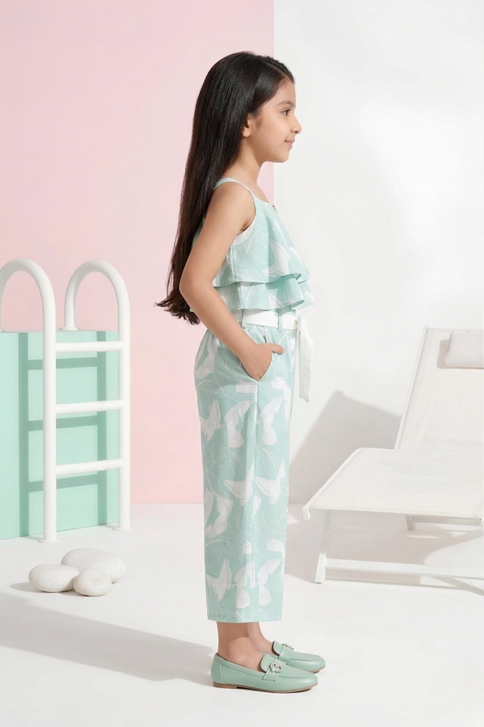 Sea Green Sleeveless Leaf Print Ruffle Top Co-Ord Set JP317