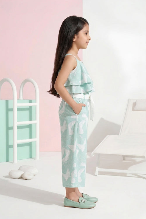 Sea Green Sleeveless Leaf Print Ruffle Top Co-Ord Set JP317
