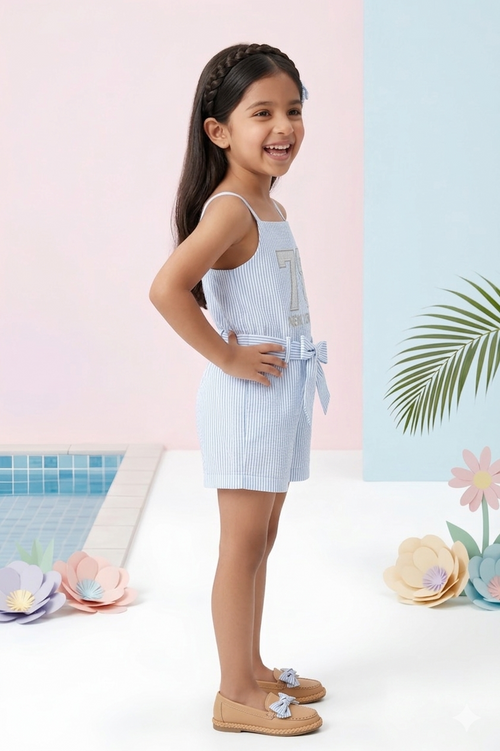Powder Blue Pinstripe Floral Playsuit Set JP330