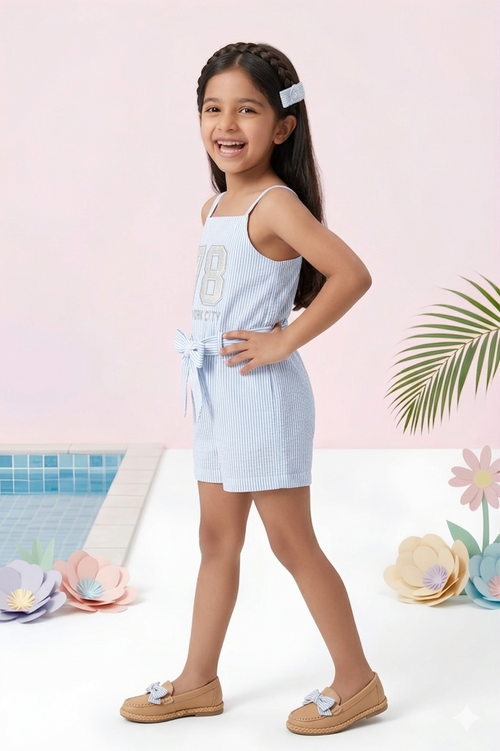 Powder Blue Pinstripe Floral Playsuit Set JP330