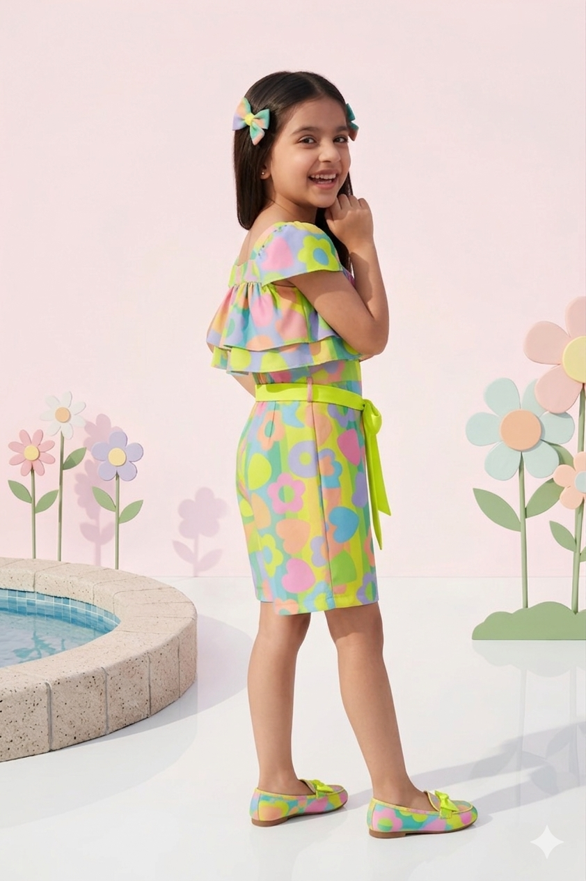 Yellow Bloom Ruffle Romper with Tie-Up Waist JP343