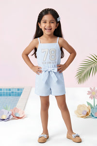 Powder Blue Pinstripe Floral Playsuit Set JP330