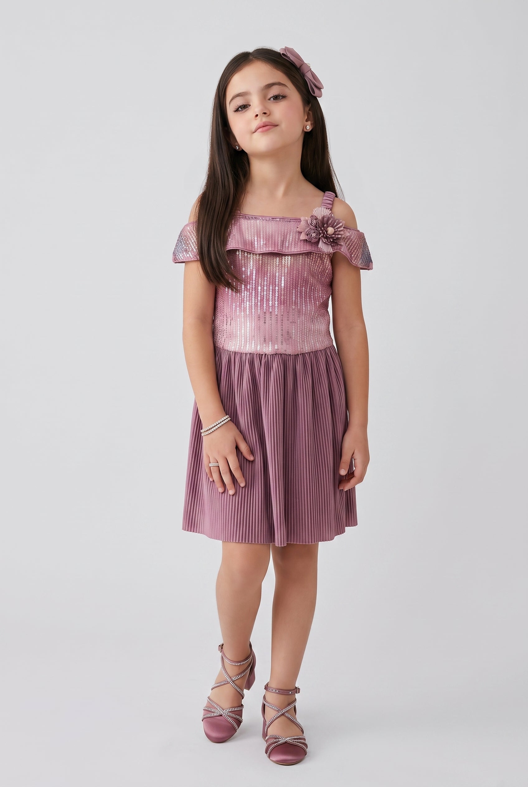 Onion Pink Sequin Cold Shoulder Pleated Party Dress M2040