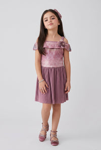 Onion Pink Sequin Cold Shoulder Pleated Party Dress M2040
