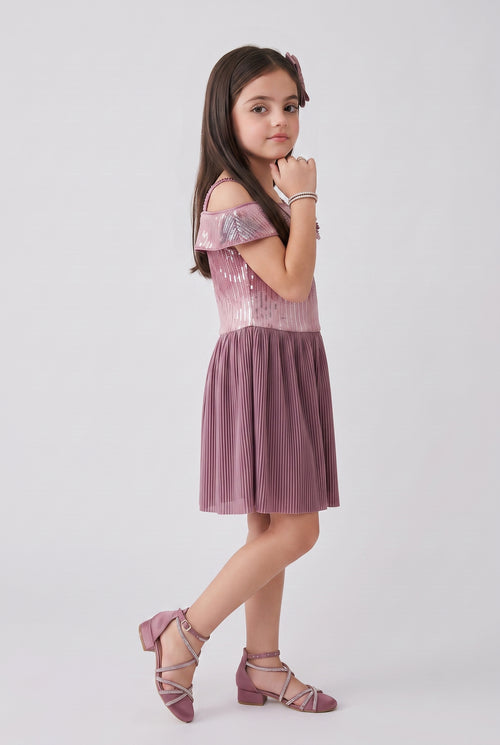 Onion Pink Sequin Cold Shoulder Pleated Party Dress M2040