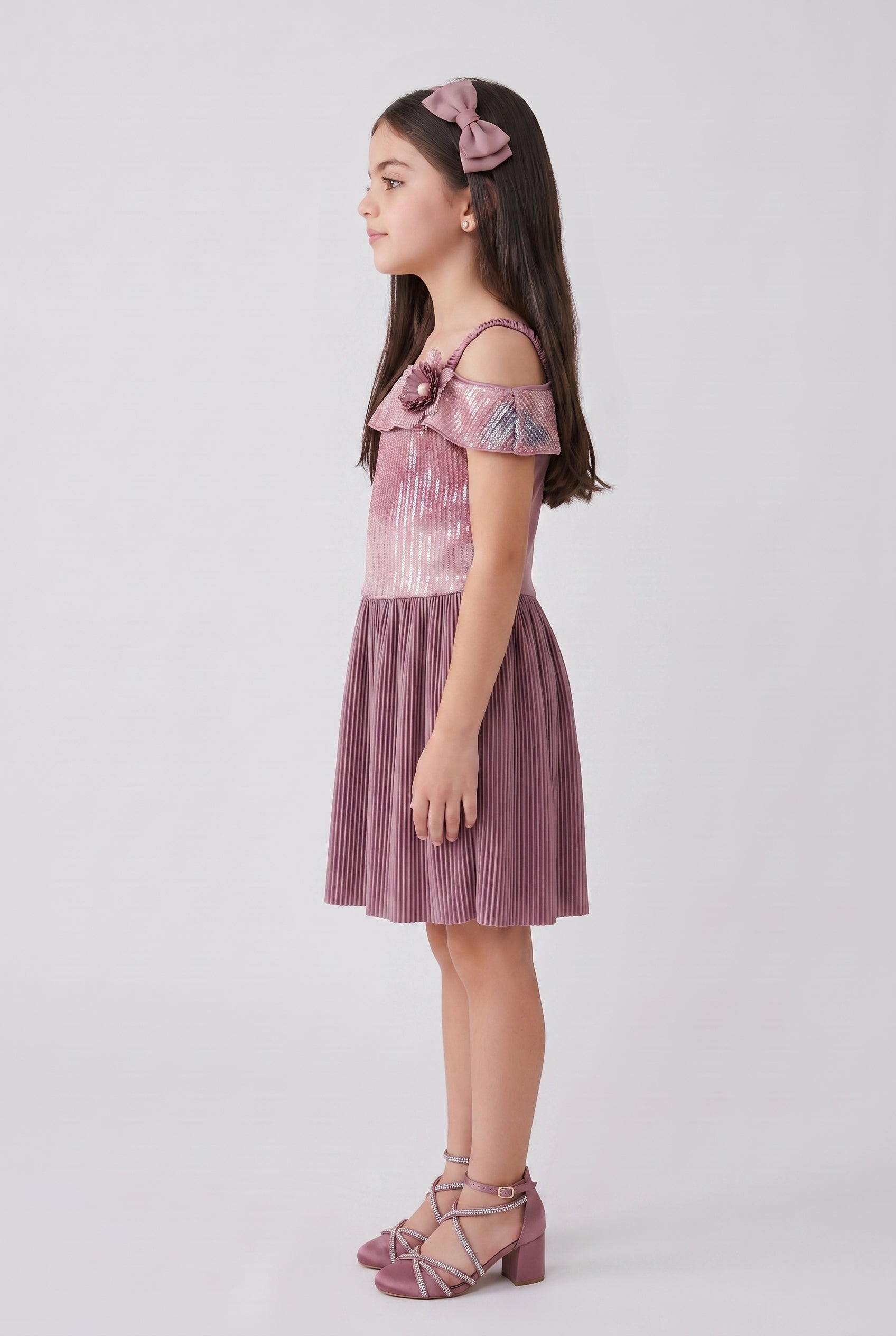 Onion Pink Sequin Cold Shoulder Pleated Party Dress M2040
