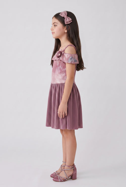 Onion Pink Sequin Cold Shoulder Pleated Party Dress M2040