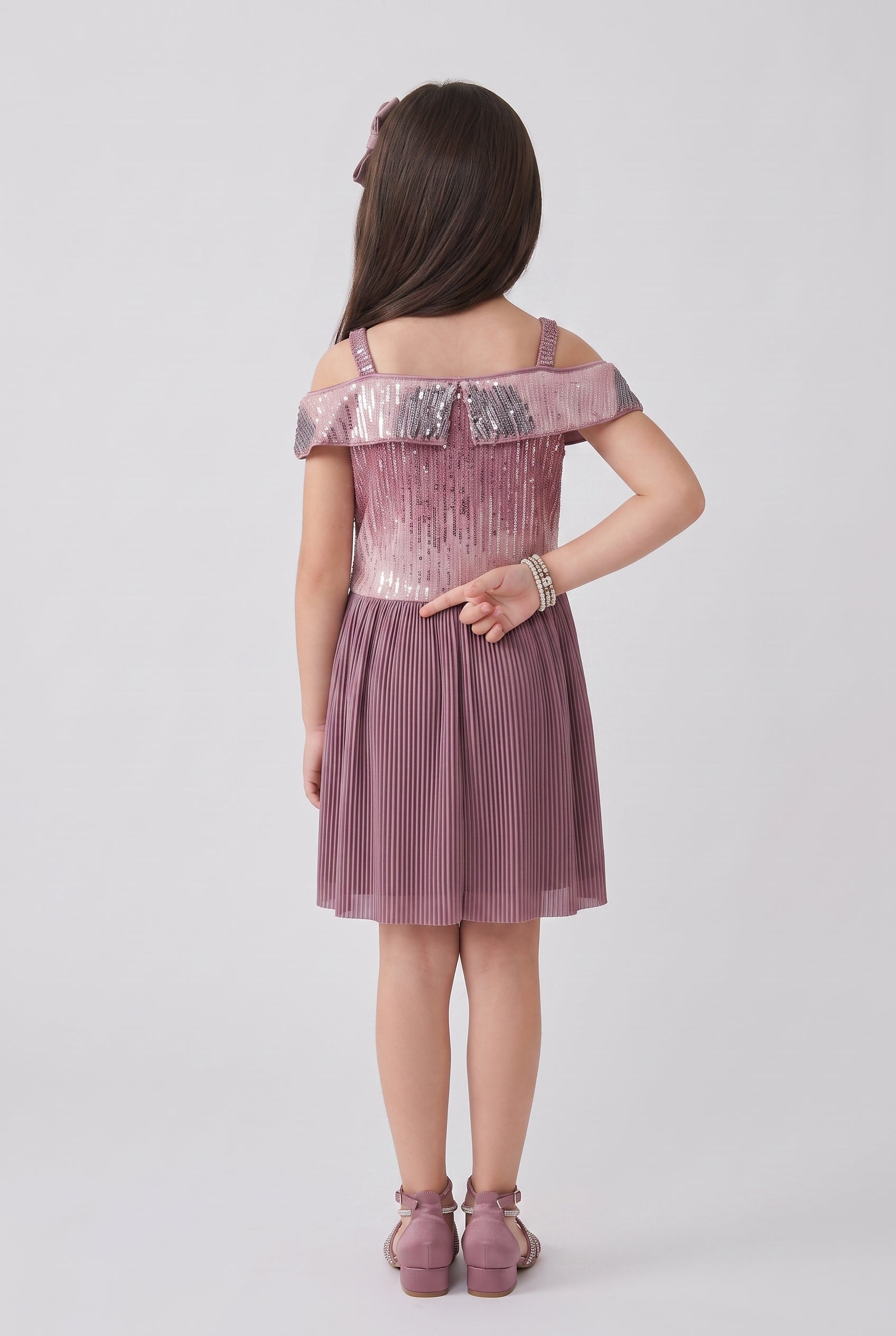 Onion Pink Sequin Cold Shoulder Pleated Party Dress M2040