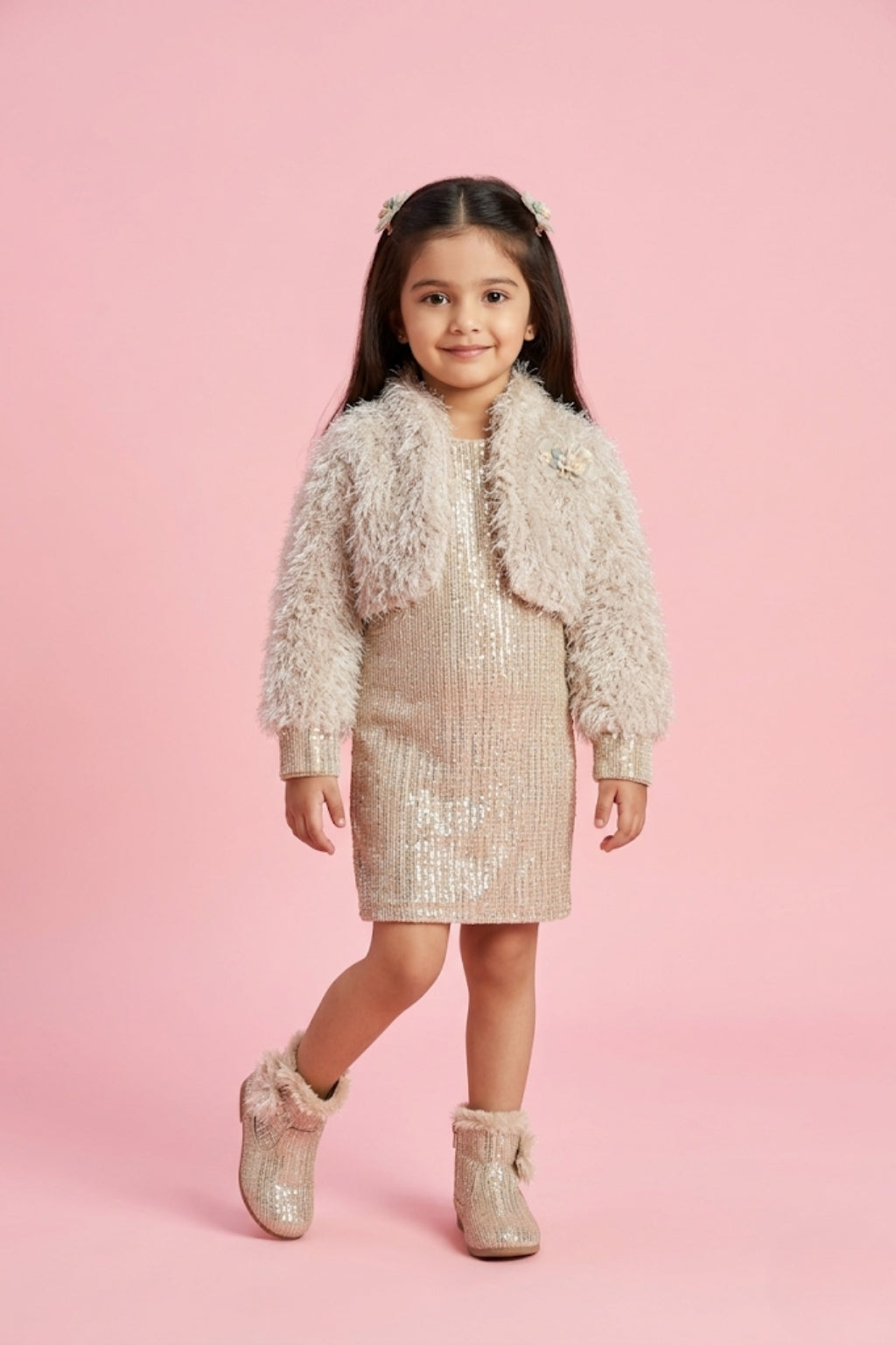 Gold Sequin Party Dress with Fur Shrug M2354