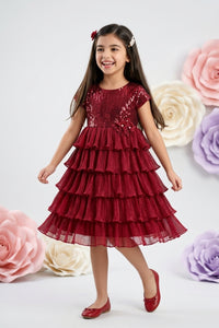 Maroon Layered Net Party Dress M2397