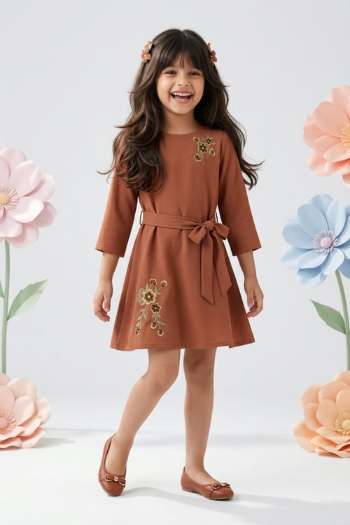 Caramel Bloom Belted Cotton Dress M2491