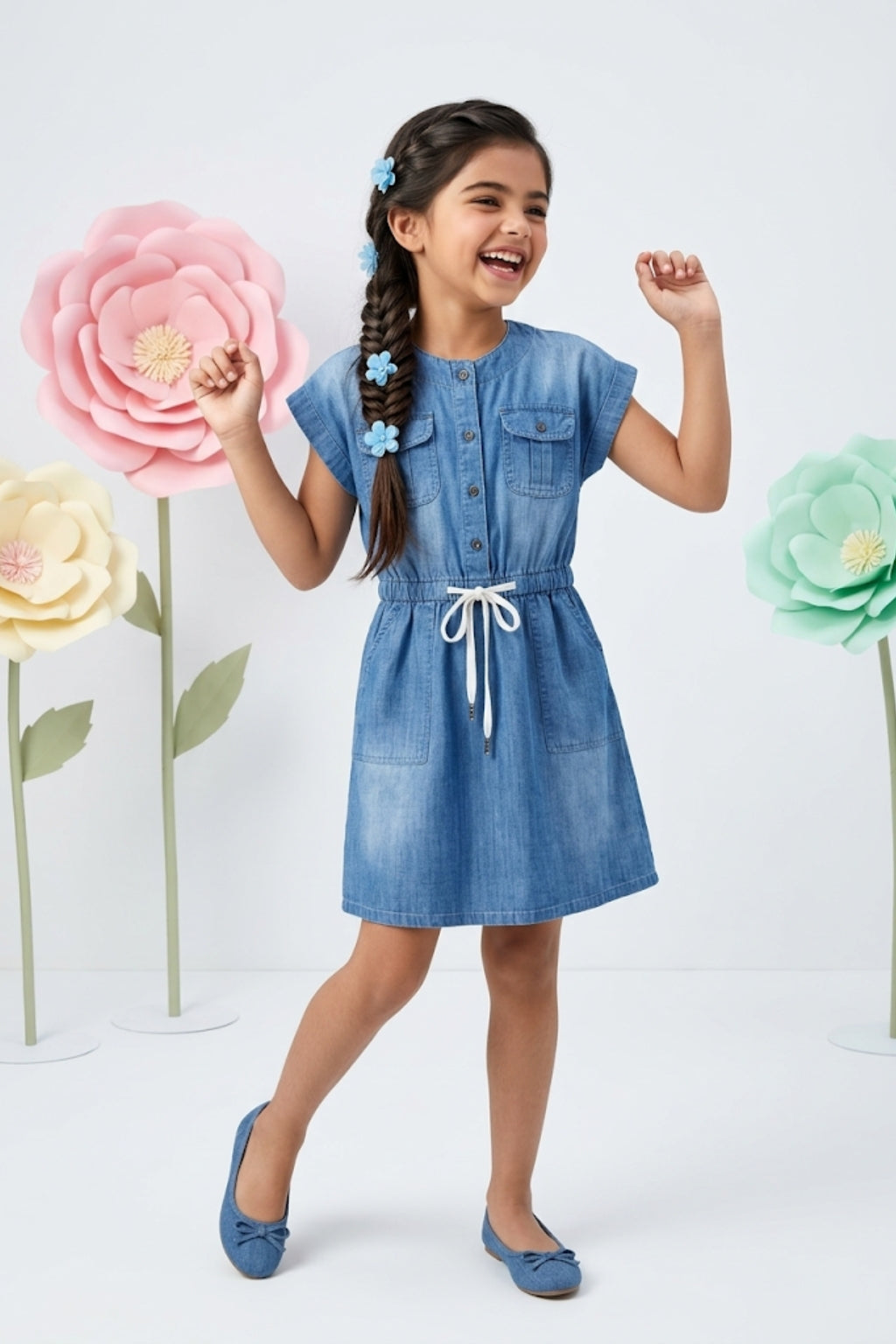 Denim Buttoned Belted Dress M2037