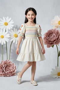 Rainbow Smocked Beige Dress M2387