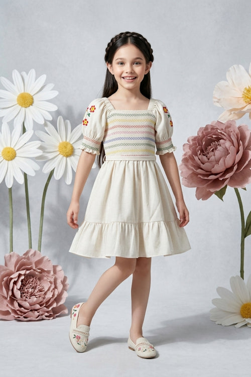 Rainbow Smocked Beige Dress M2387
