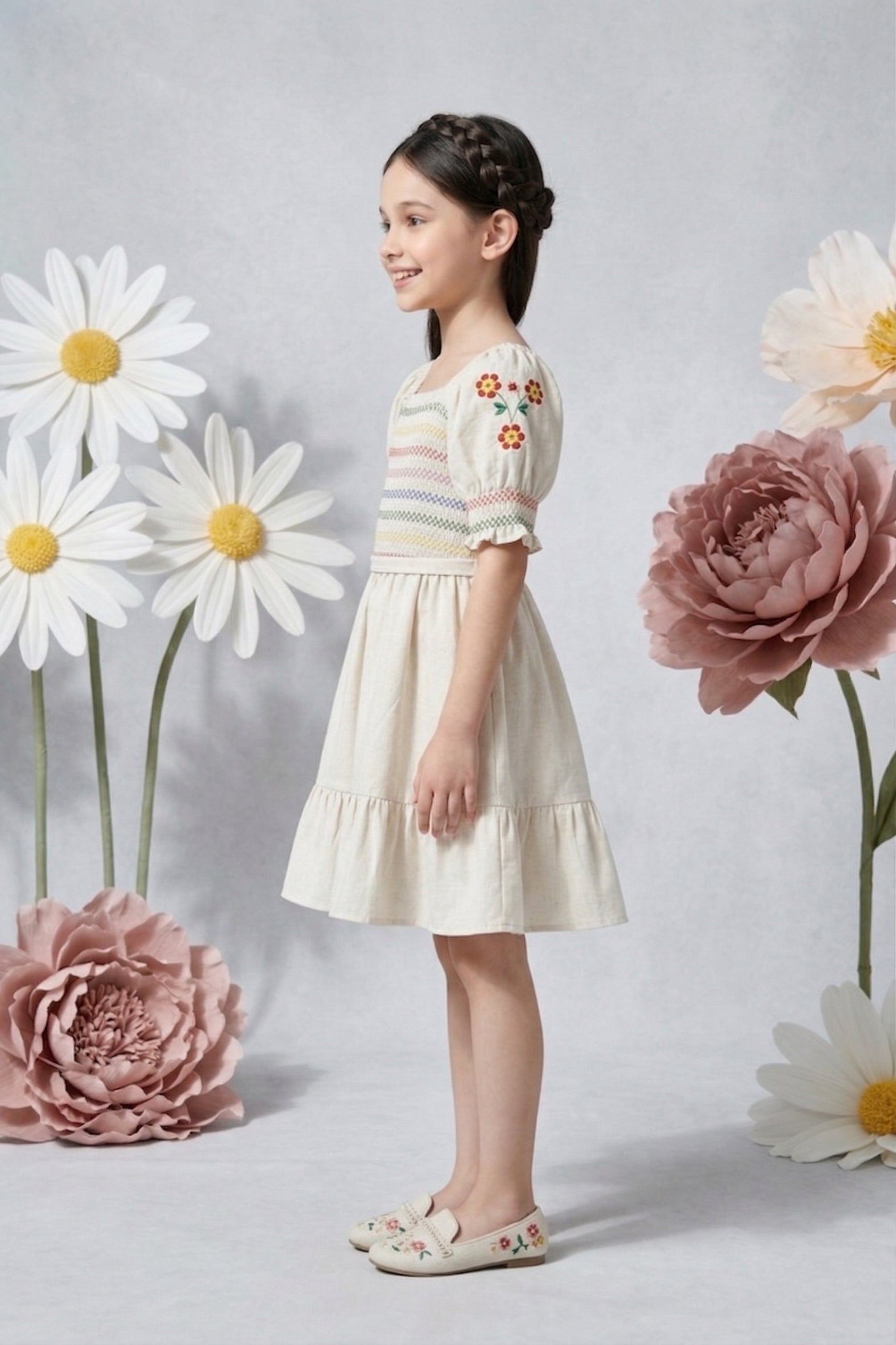 Rainbow Smocked Beige Dress M2387