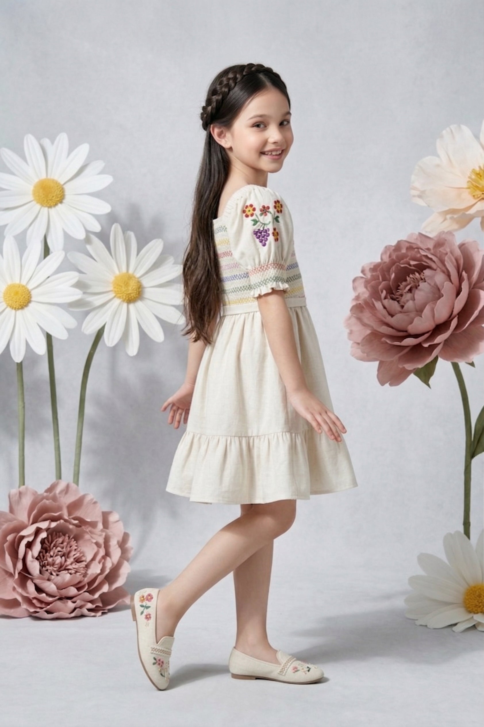 Rainbow Smocked Beige Dress M2387