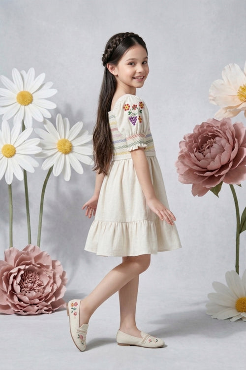 Rainbow Smocked Beige Dress M2387
