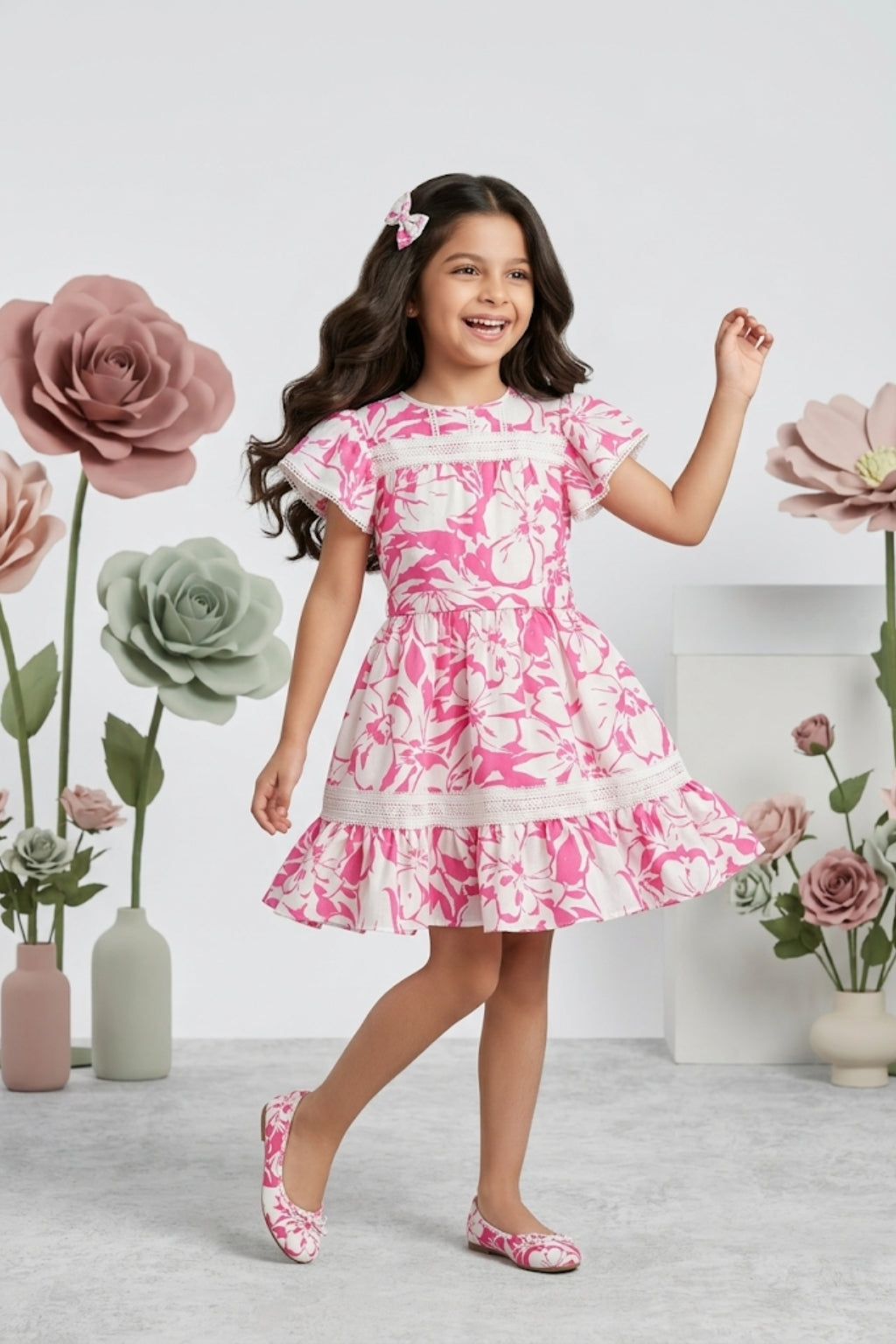 Pink Floral Puff Sleeve Dress M2412