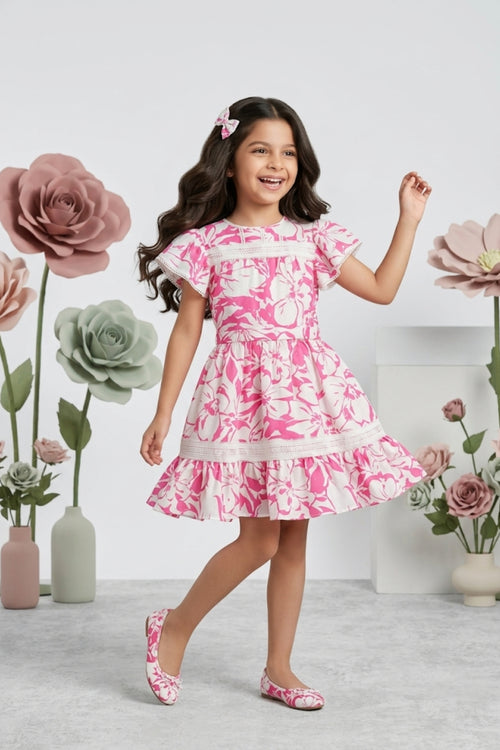 Pink Floral Puff Sleeve Dress M2412