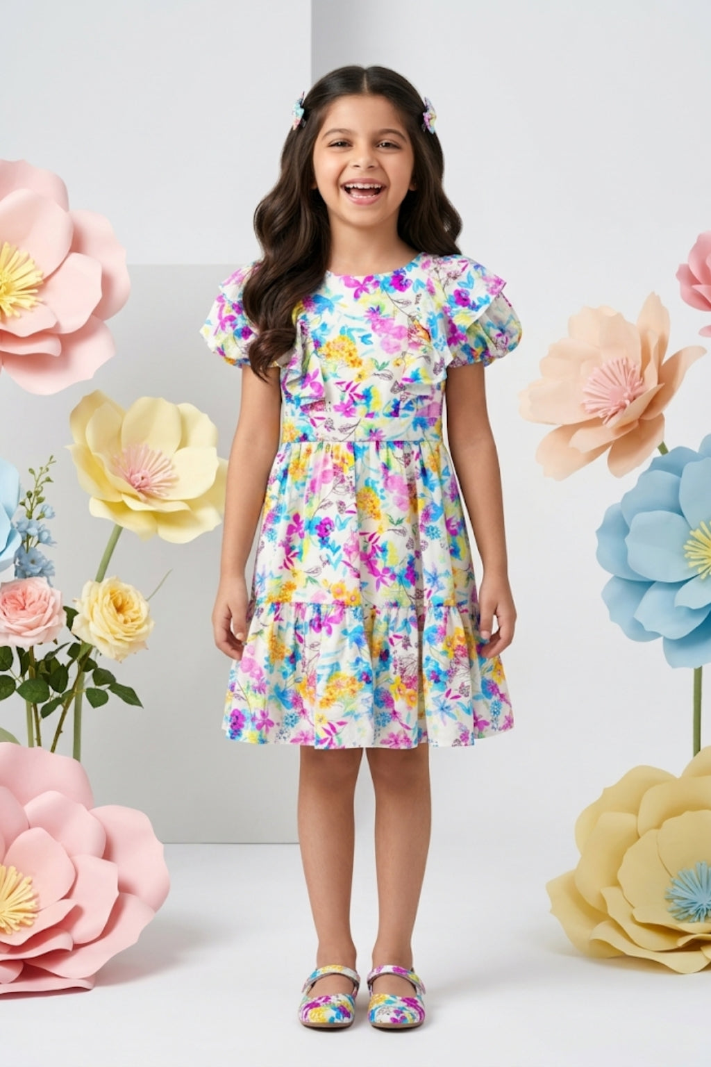 Pink Floral Puff Sleeve Dress M2428