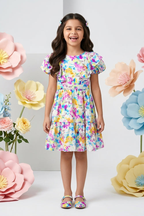 Pink Floral Puff Sleeve Dress M2428