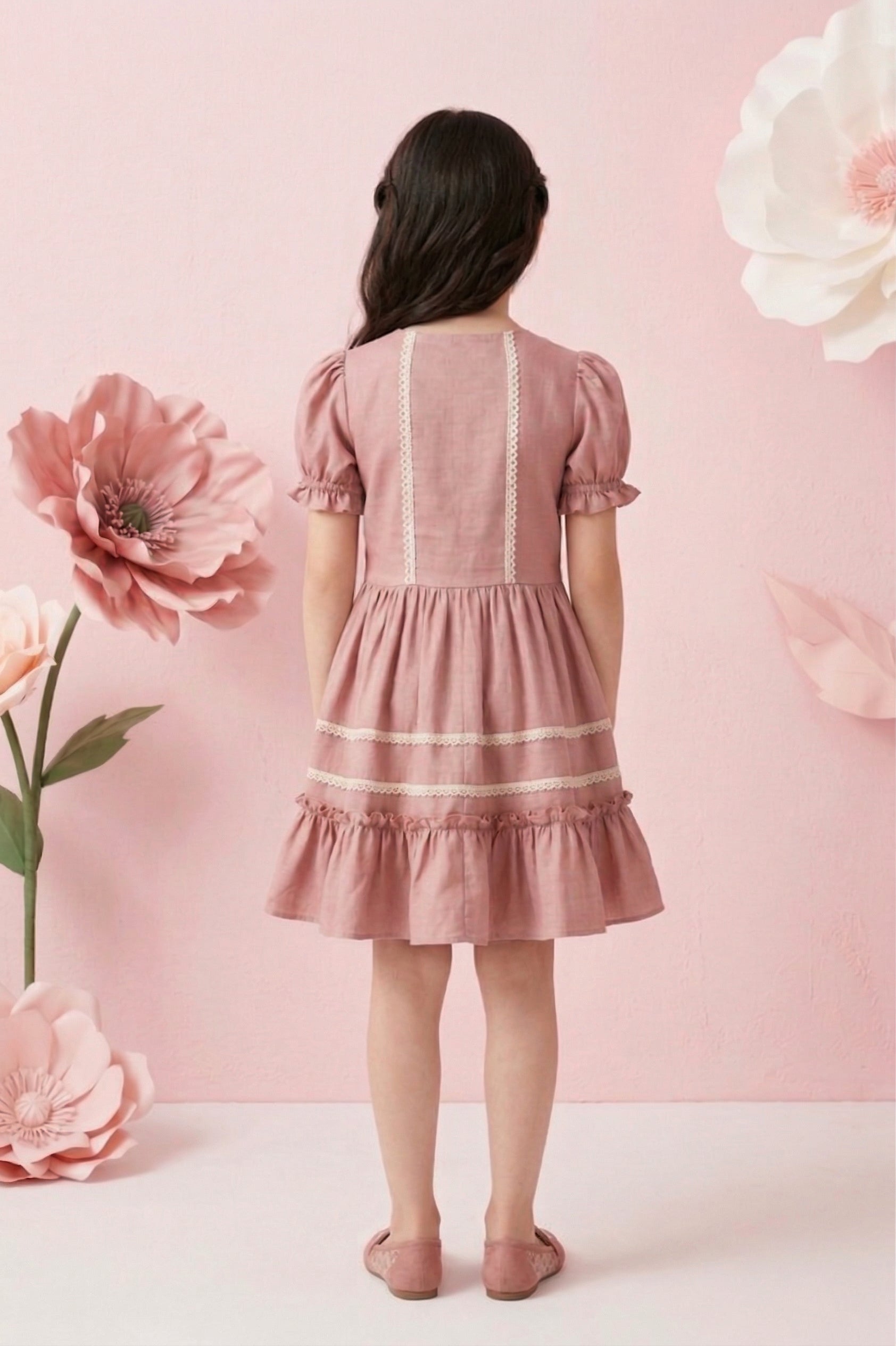 Girls Dusty Pink Lace Trim Dress M2440