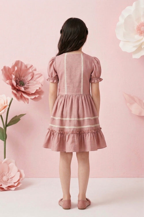 Girls Dusty Pink Lace Trim Dress M2440