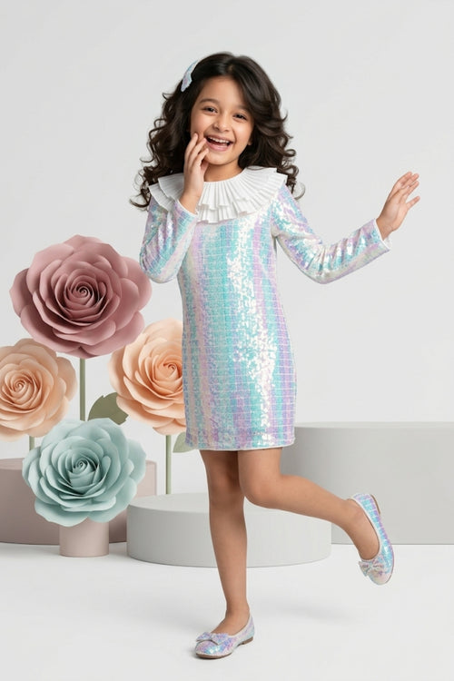 Off-White Shift Dress with Pleated Ruffle Collar M2479