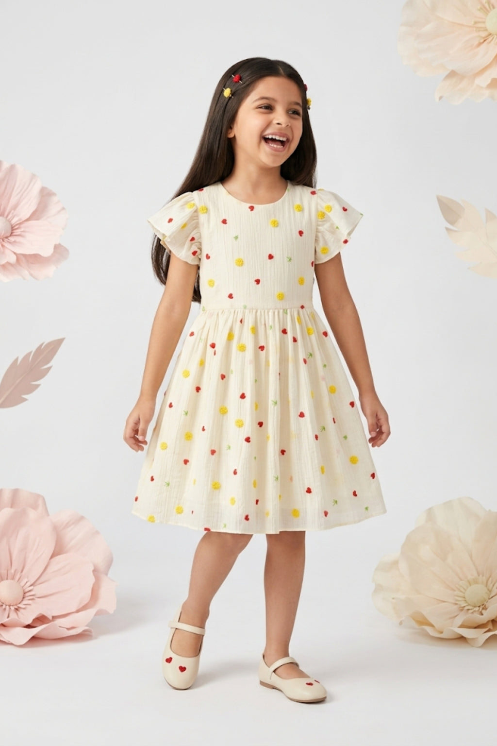 Cream Floral Embroidered Ruffle Sleeve Dress M2583