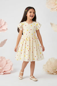 Cream Floral Embroidered Ruffle Sleeve Dress M2583