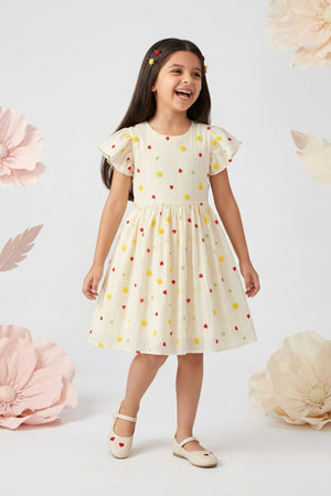 Cream Floral Embroidered Ruffle Sleeve Dress M2583
