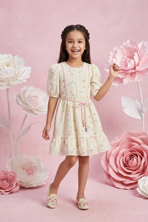 Cream Floral Cotton Dress with Puff Sleeves M2588