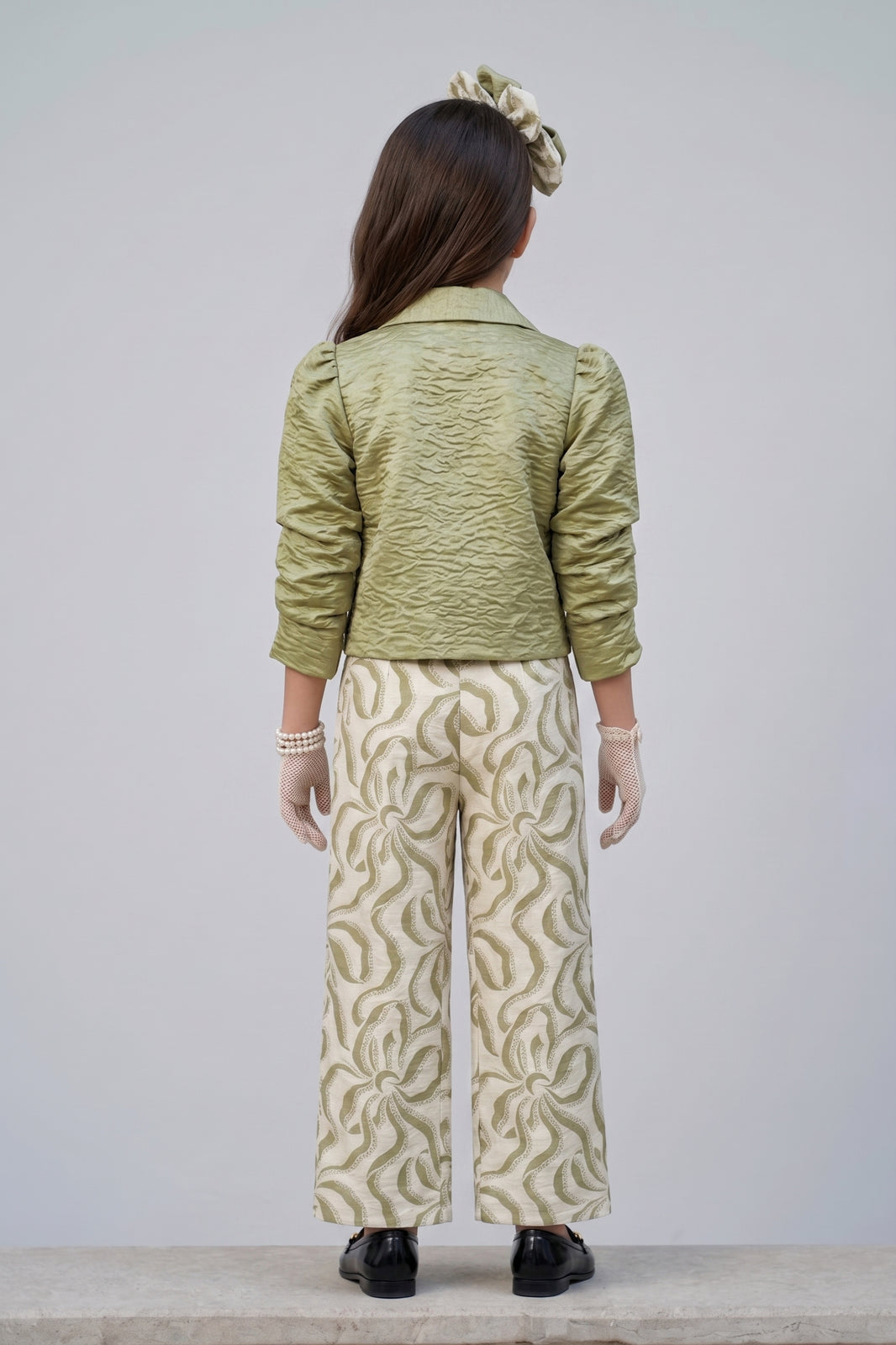 Pista Green Textured Collared Top & Printed Wide-Leg Pants Co-ord Set 3436