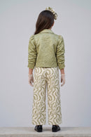 Pista Green Textured Collared Top & Printed Wide-Leg Pants Co-ord Set 3436