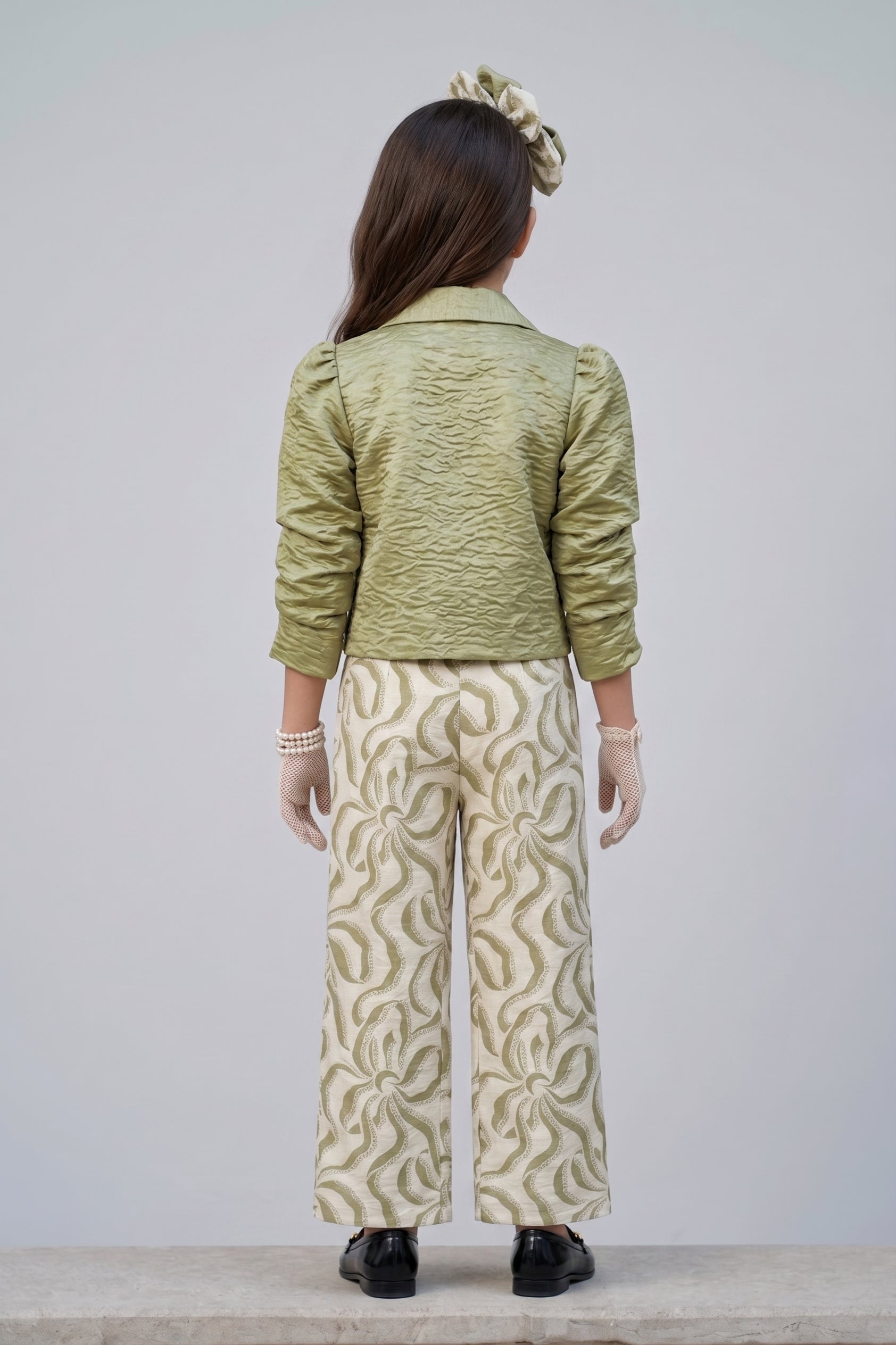 Pista Green Textured Collared Top & Printed Wide-Leg Pants Co-ord Set 3436