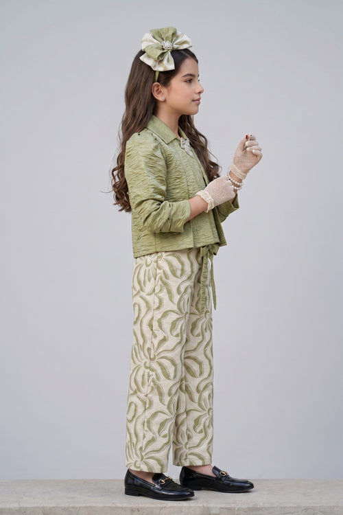 Pista Green Textured Collared Top & Printed Wide-Leg Pants Co-ord Set 3436