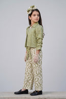 Pista Green Textured Collared Top & Printed Wide-Leg Pants Co-ord Set 3436