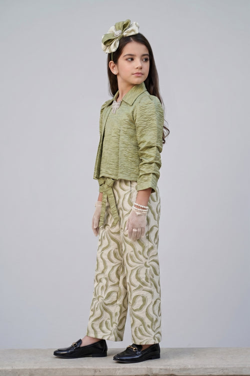Pista Green Textured Collared Top & Printed Wide-Leg Pants Co-ord Set 3436