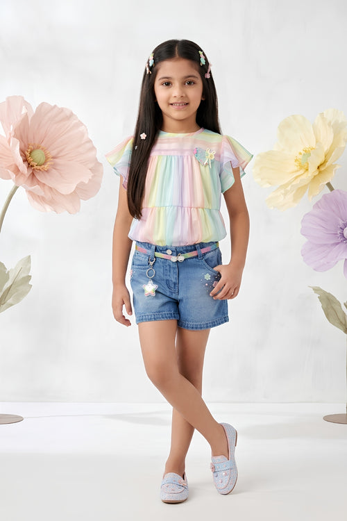 Pastel Stripe Top with Denim Shorts Co-Ord Set 1089