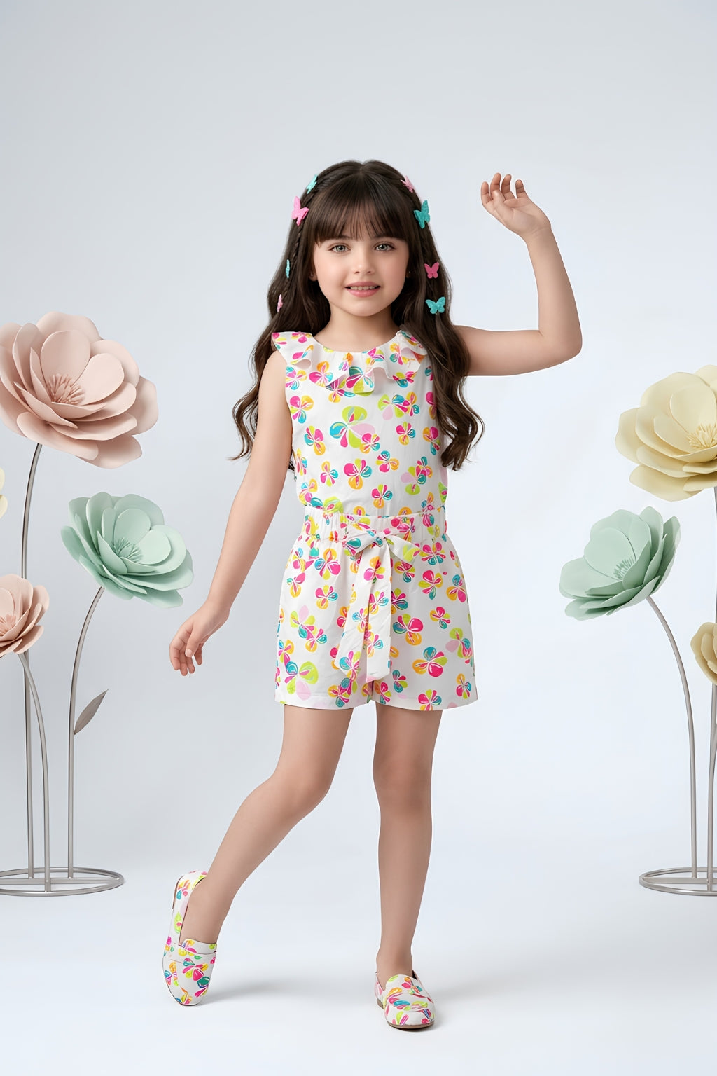 Multicolor Butterfly Print Top & Shorts Co-ord Set 2014
