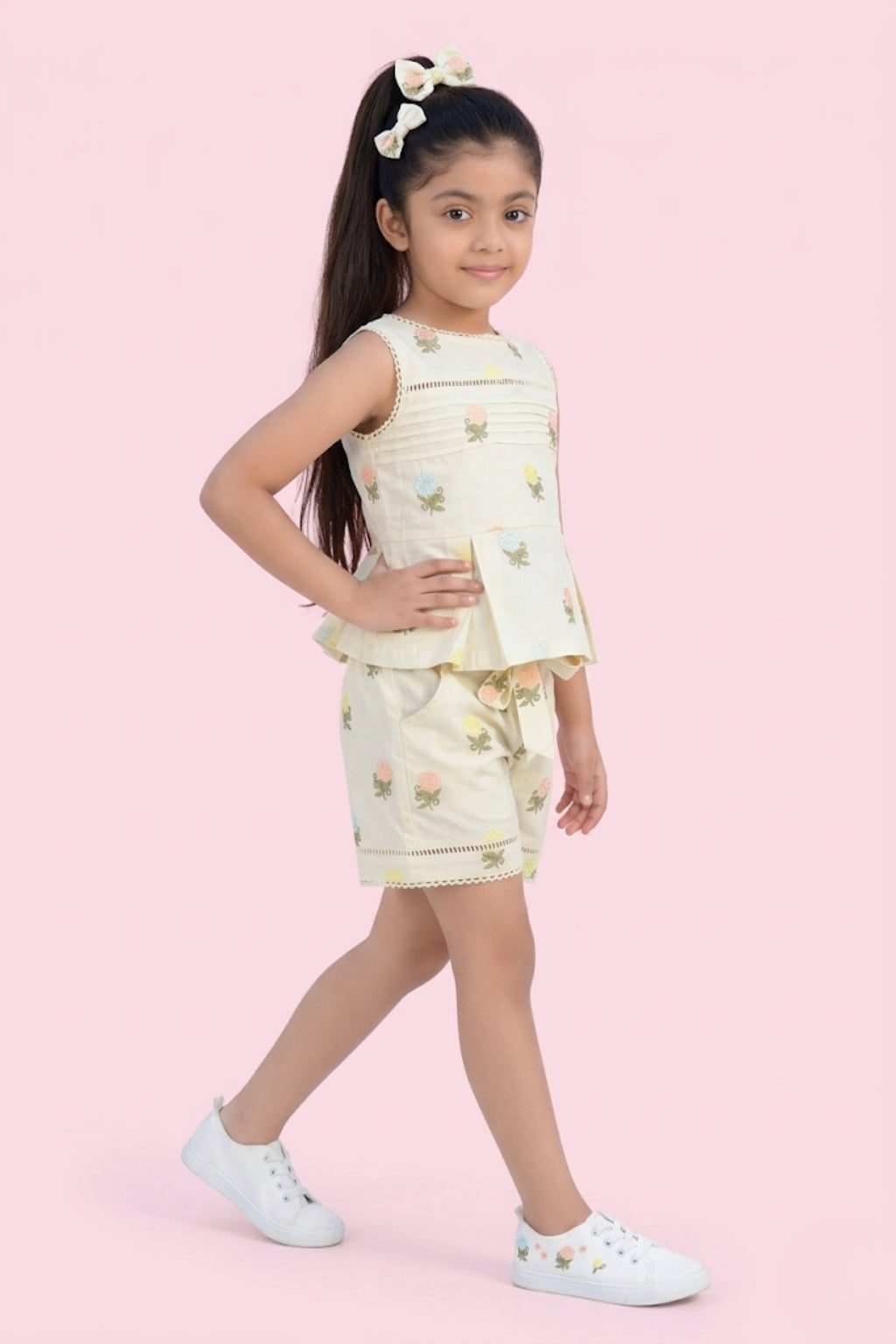 Cream Printed Top & Shorts Set 2086