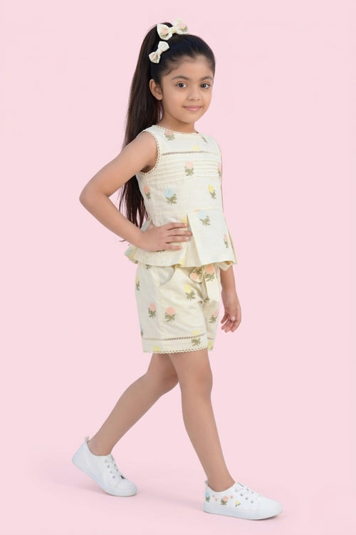 Cream Printed Top & Shorts Set 2086