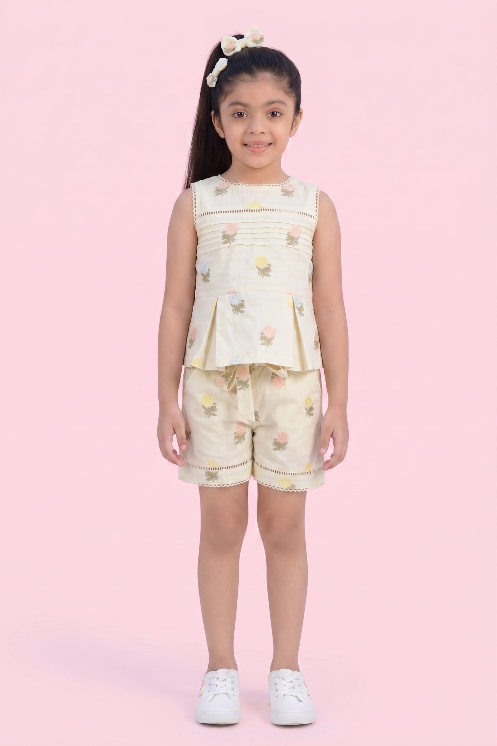 Cream Printed Top & Shorts Set 2086