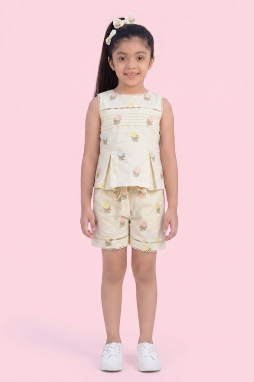 Cream Printed Top & Shorts Set 2086