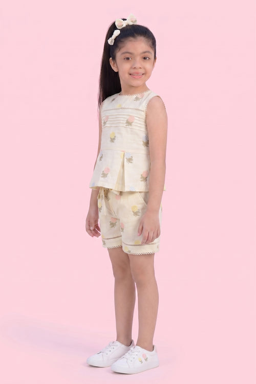 Cream Printed Top & Shorts Set 2086